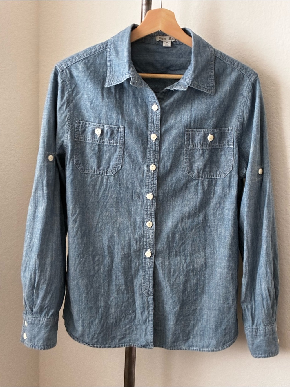Per Se sz M Womens Chambray Long Sleeve Shirt Classic Madewell Gap 100% Cotton